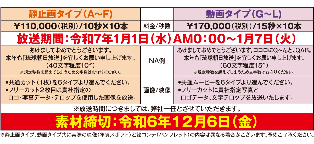 QAB 2025年　年賀スポット 料金のご案内